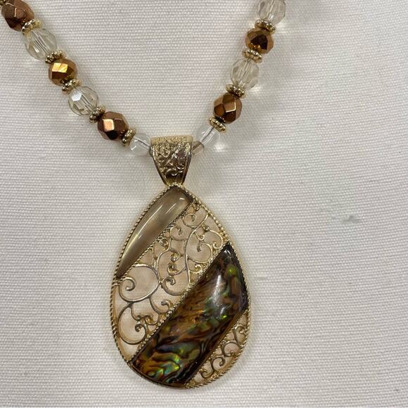 Gold Tone Brown & Clear Beaded Pendant Necklace Boho - Picture 6 of 9